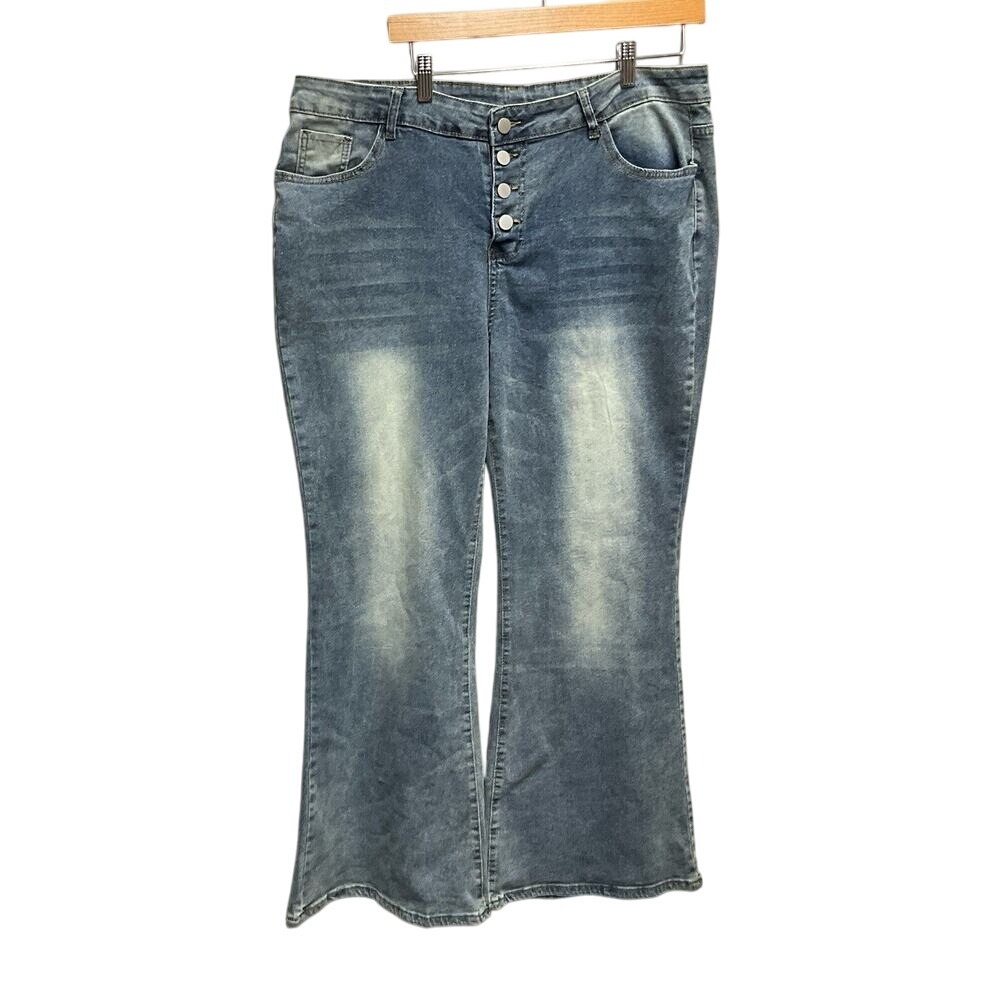 Women's Blue Denim Wide Leg Jeans Size 3XL Button Up